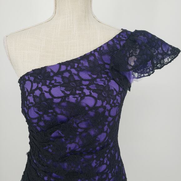 Mori Lee One Shoulder Lace Cocktail Dress 0 Sheath Ruffle Ruched Black Purple - Picture 6 of 10